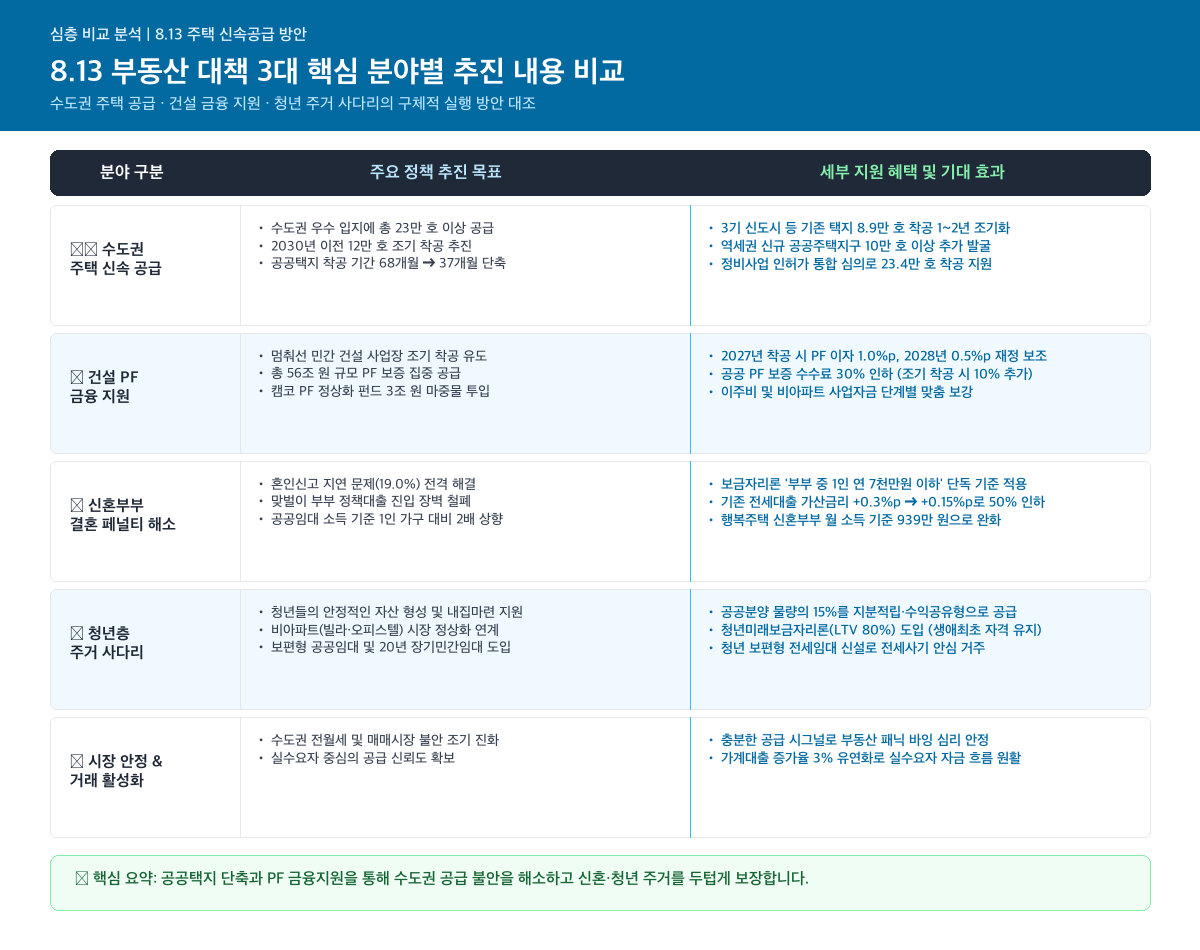 8.13 부동산 대책 공급·금융·청년 3대 핵심 분야 비교 인포그래픽