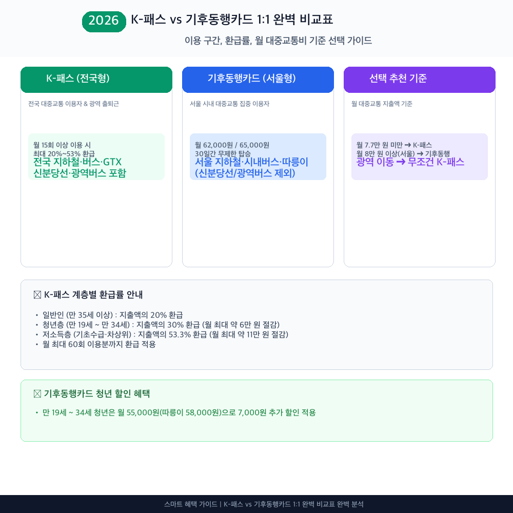 K-패스 vs 기후동행카드 1:1 완벽 비교표 인포그래픽 카드뉴스