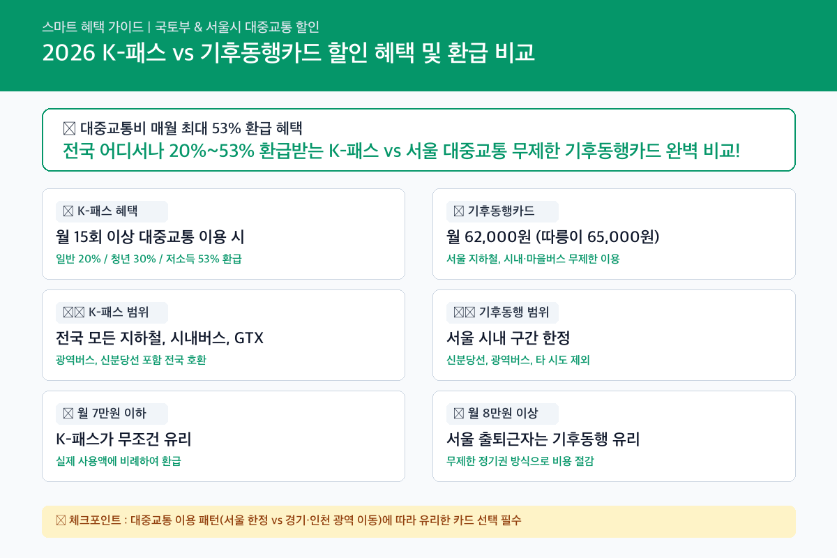 2026 K-패스 vs 기후동행카드 대중교통 할인 혜택 및 환급 비교 총정리 핵심 요약 카드뉴스