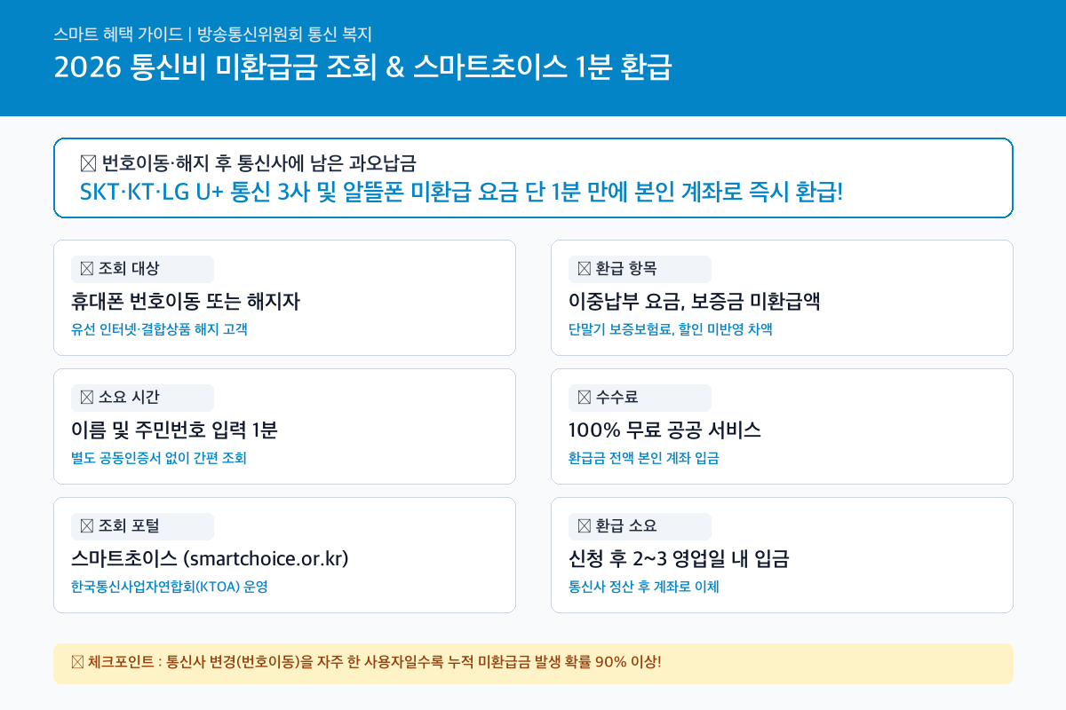 2026 통신비 미환급금 및 스마트초이스 통신 요금 환급 조회방법 (1분 환급) 핵심 요약 카드뉴스