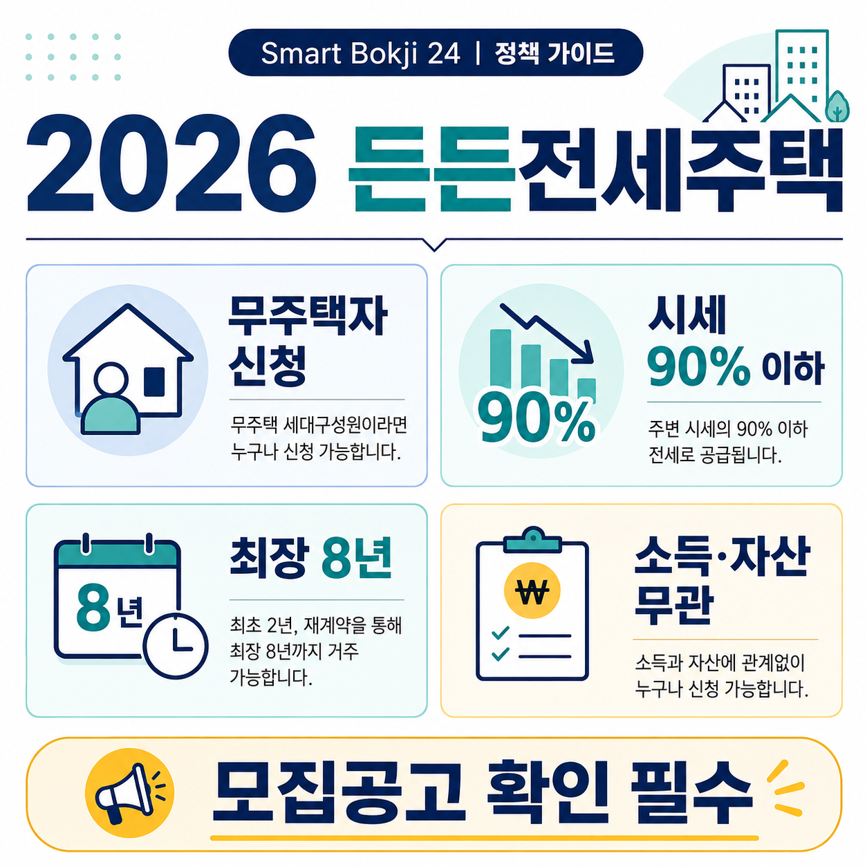 2026 든든전세주택 신청자격 시세 90% 이하 최장 8년 소득 자산 무관 요약 인포그래픽