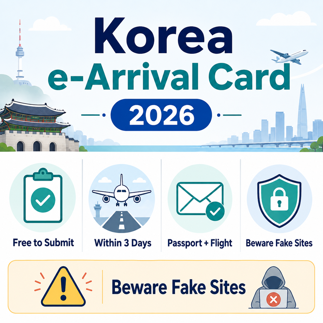 Korea e-Arrival Card 2026 key facts including free submission, within 3 days, passport and flight details, and fake site warning