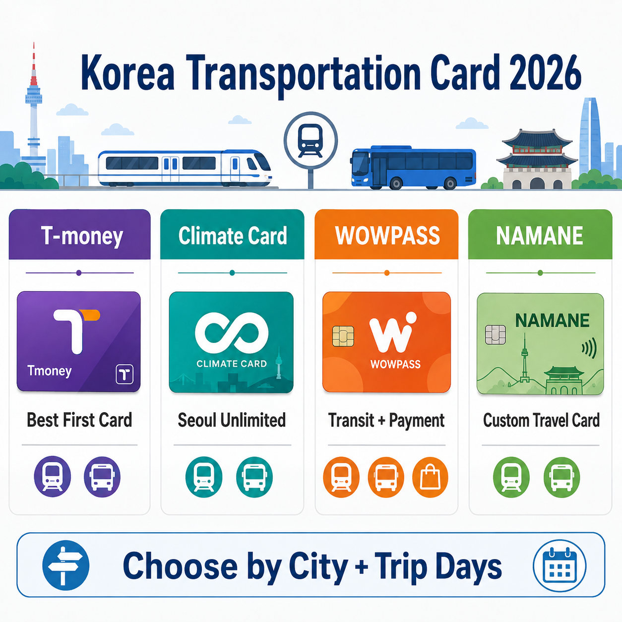Korea transportation card 2026 comparison infographic showing T-money, Climate Card, WOWPASS, and NAMANE options for tourists