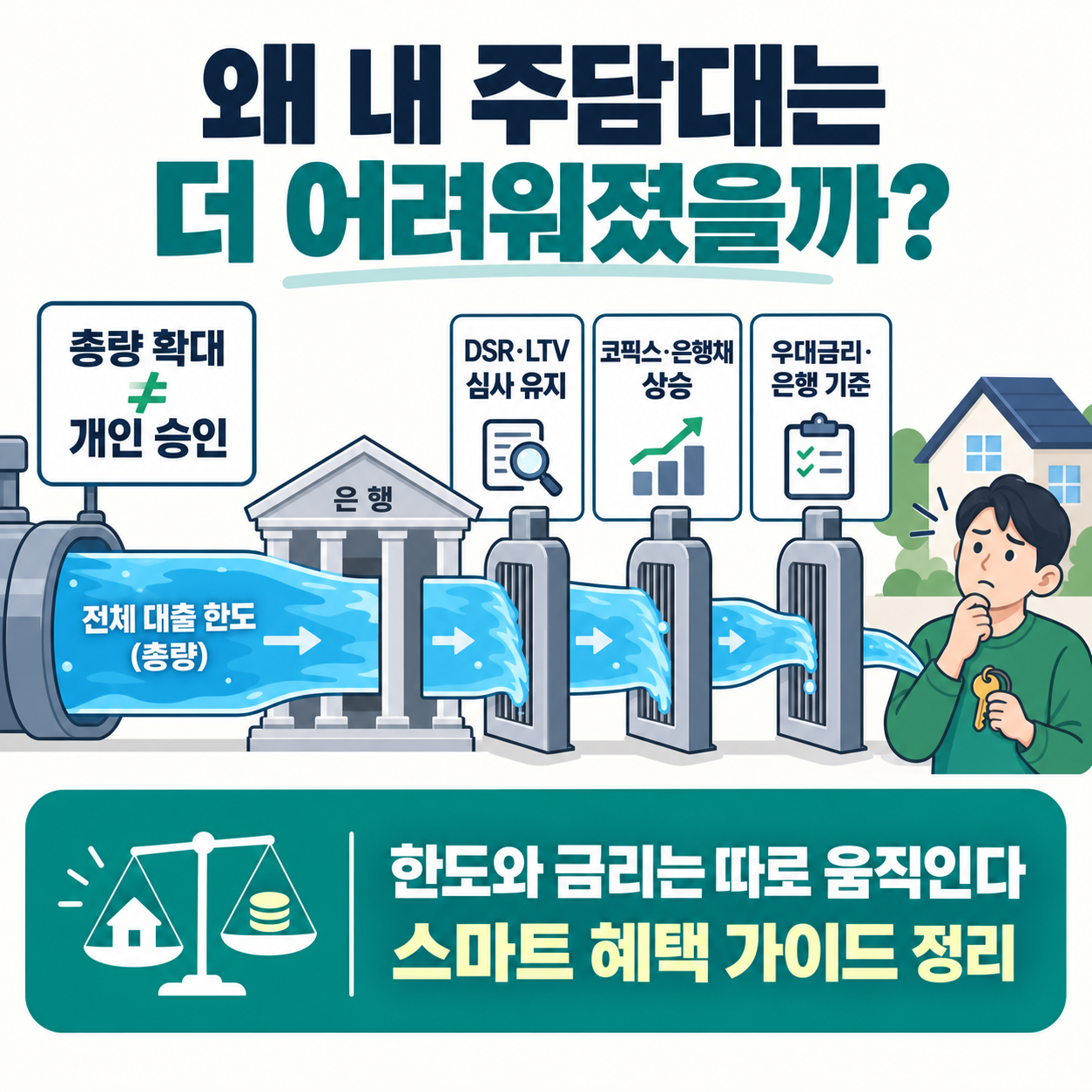 정부의 가계대출 총량 확대에도 주담대가 어려워진 이유를 DSR LTV 코픽스 은행채로 정리한 인포그래픽