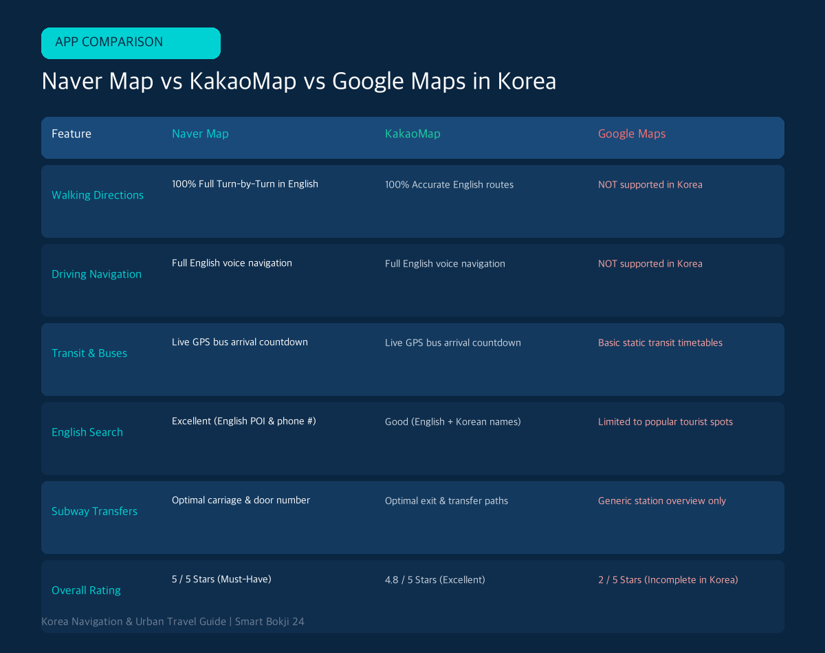 best Korea navigation apps for tourists comparison table