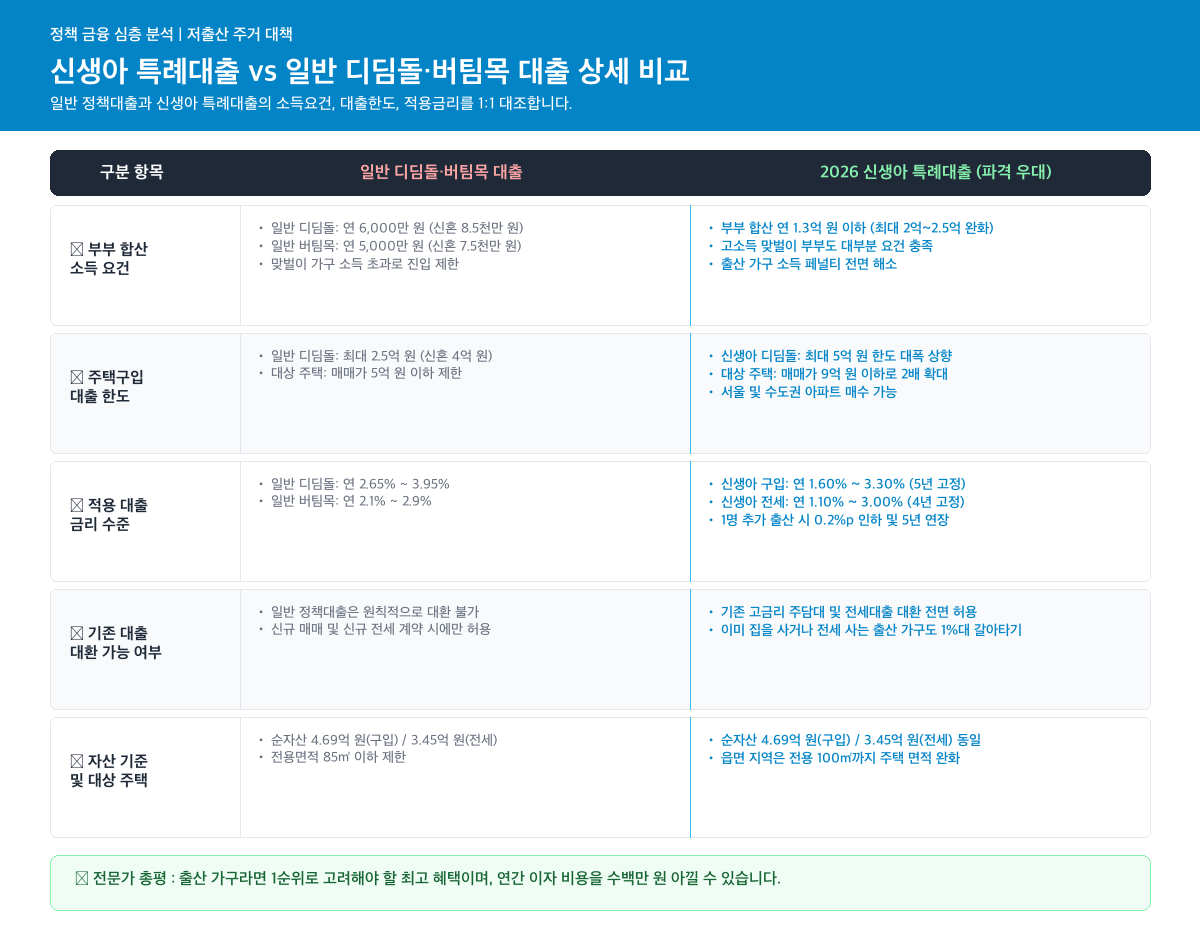 신생아 특례대출 조건 및 혜택 상세 비교 인포그래픽