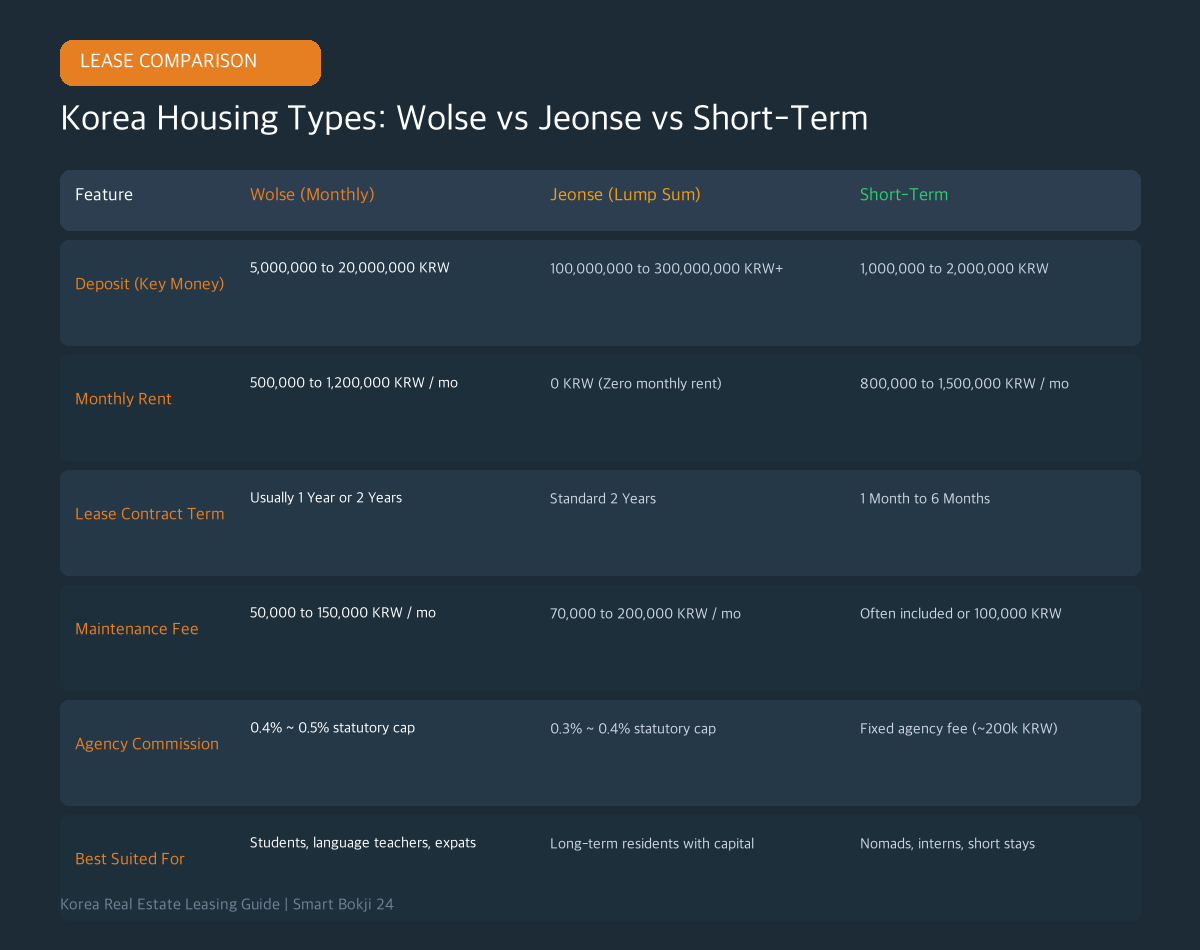 rent apartment in Korea for foreigners Wolse vs Jeonse comparison table