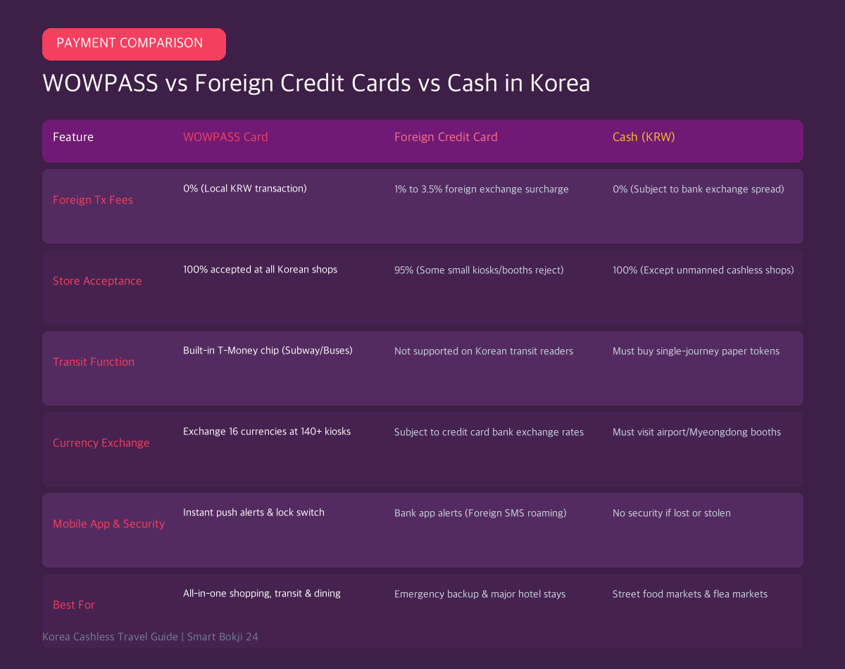 WOWPASS Korea card guide comparison with credit cards and cash